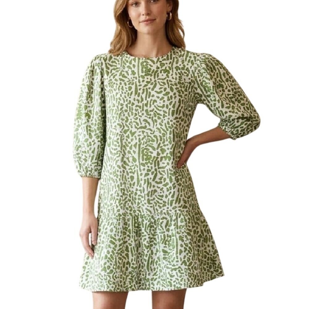 LaRoque Medium Green White Animal Print Drop Waist Puff Sleeve Cotton Mini Dress